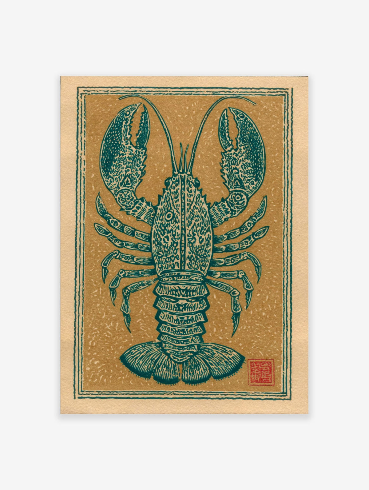 Teal lobster illustration with ornate patterns, centered on a beige background with a decorative border