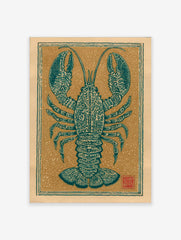 Teal lobster illustration with ornate patterns, centered on a beige background with a decorative border