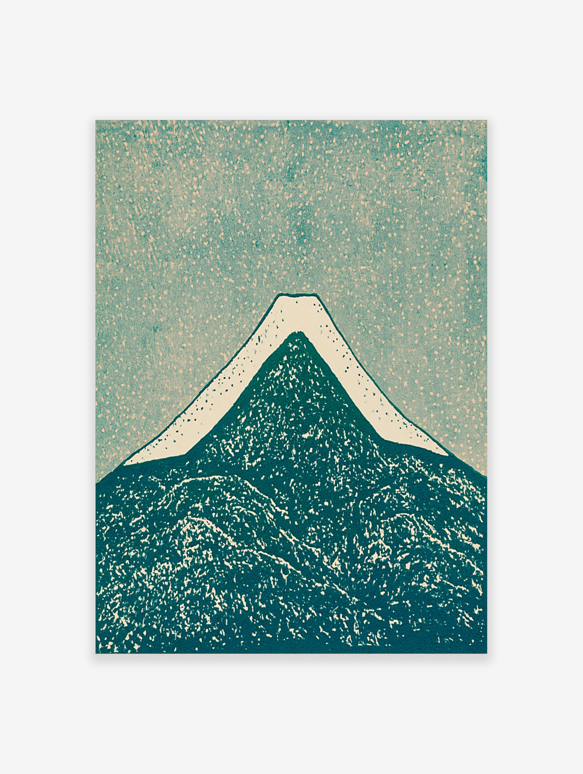 Teal mountain art print with snow-capped peak and speckled texture on cream background