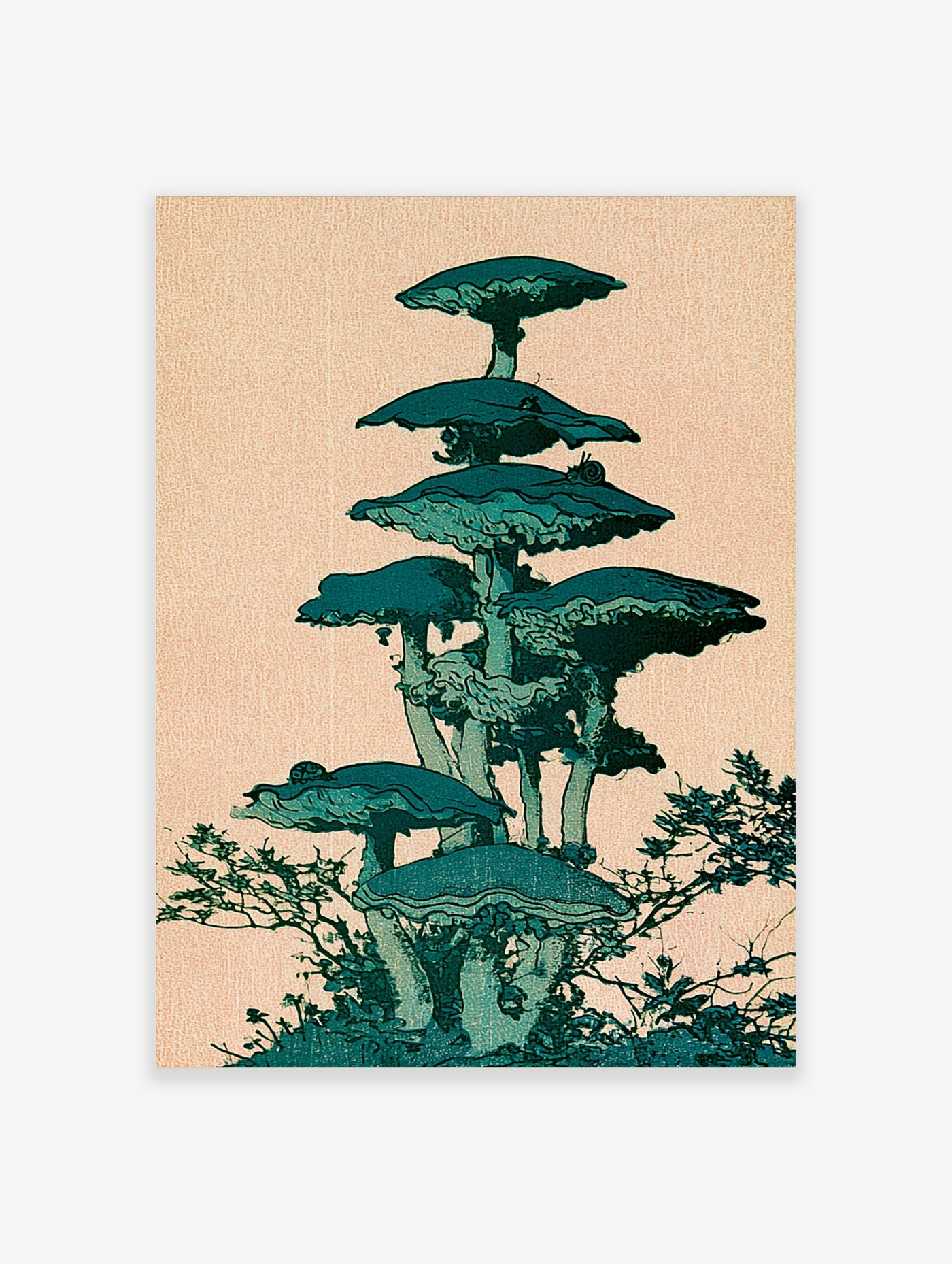Teal mushroom tower illustration with leafy branches on beige background, botanical art print