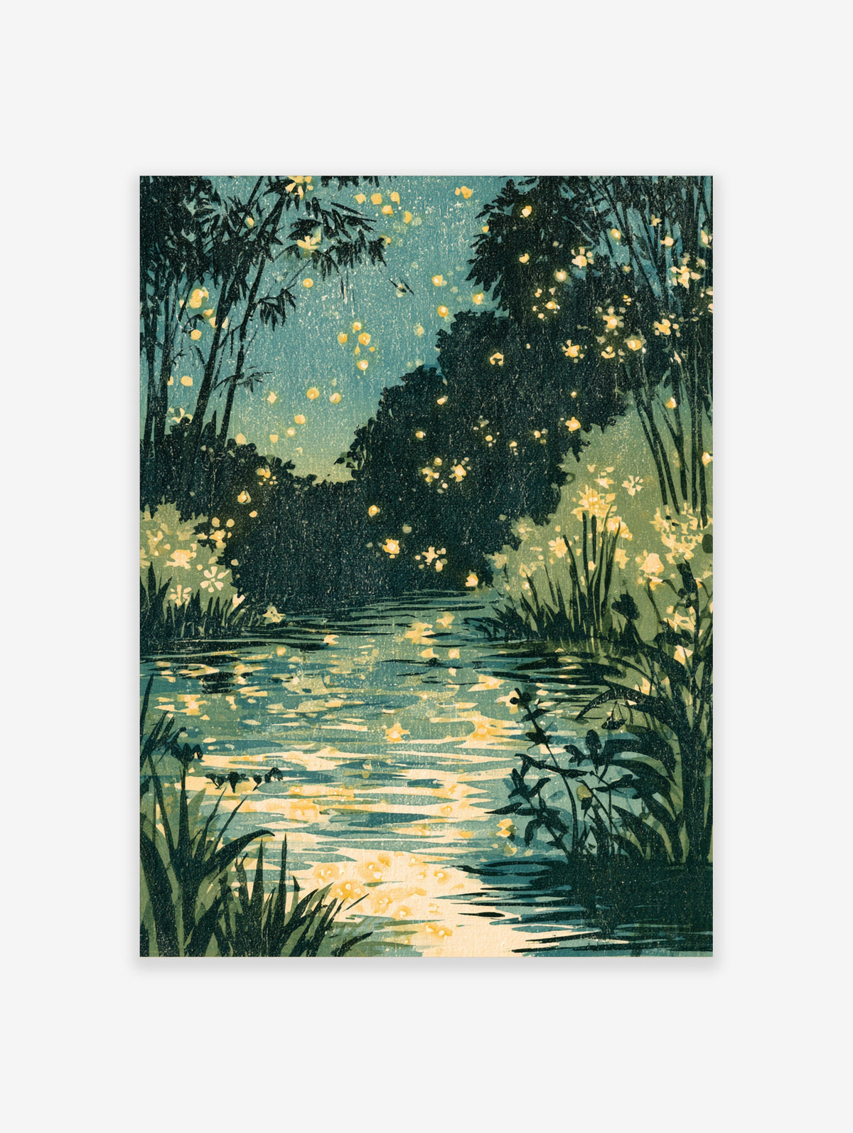 Teal night garden poster with fireflies over a dark lake, reeds, and silhouetted trees