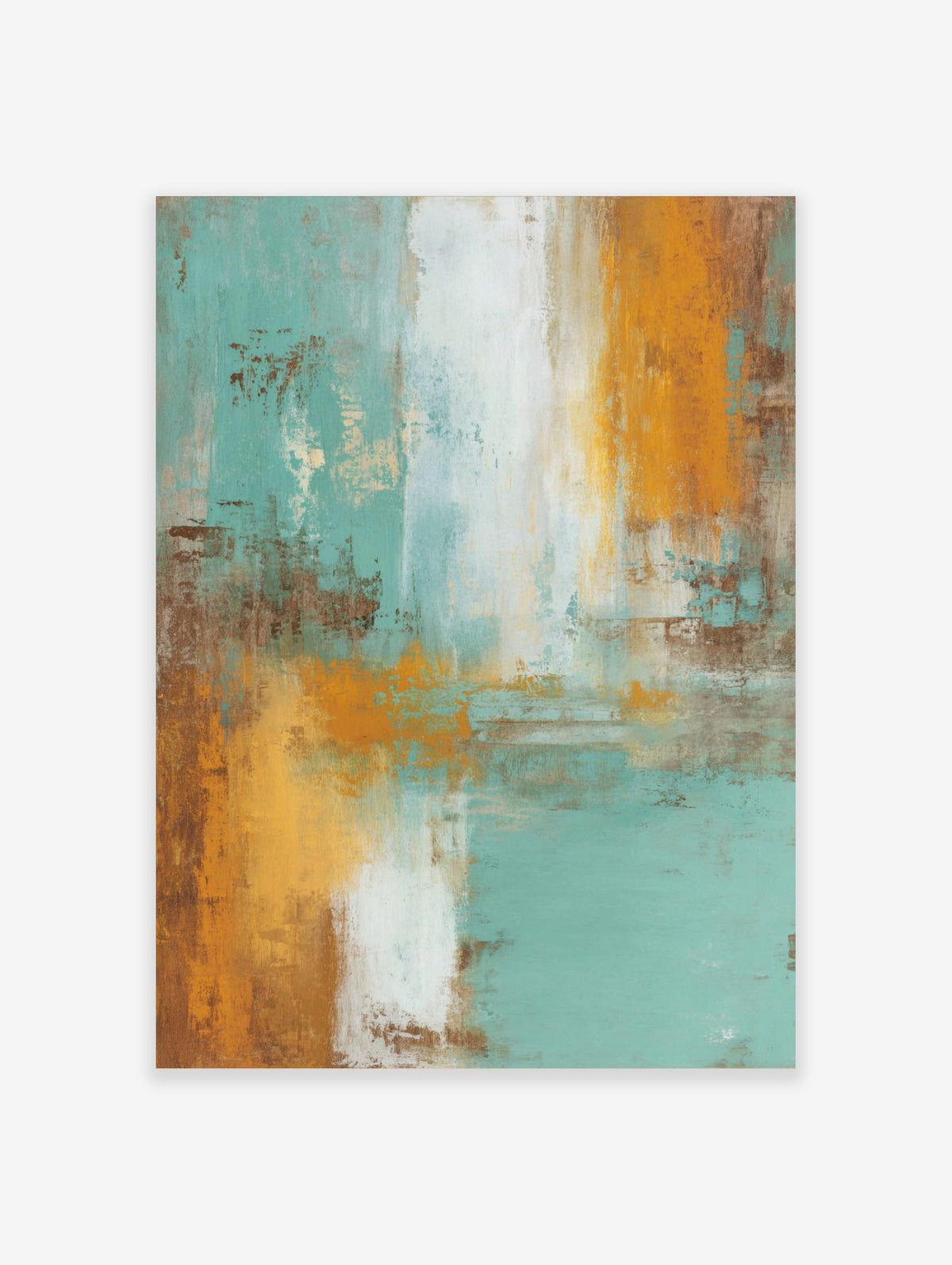Abstract wall art print with vertical and horizontal teal, orange, brown, and white brushstrokes on textured surface