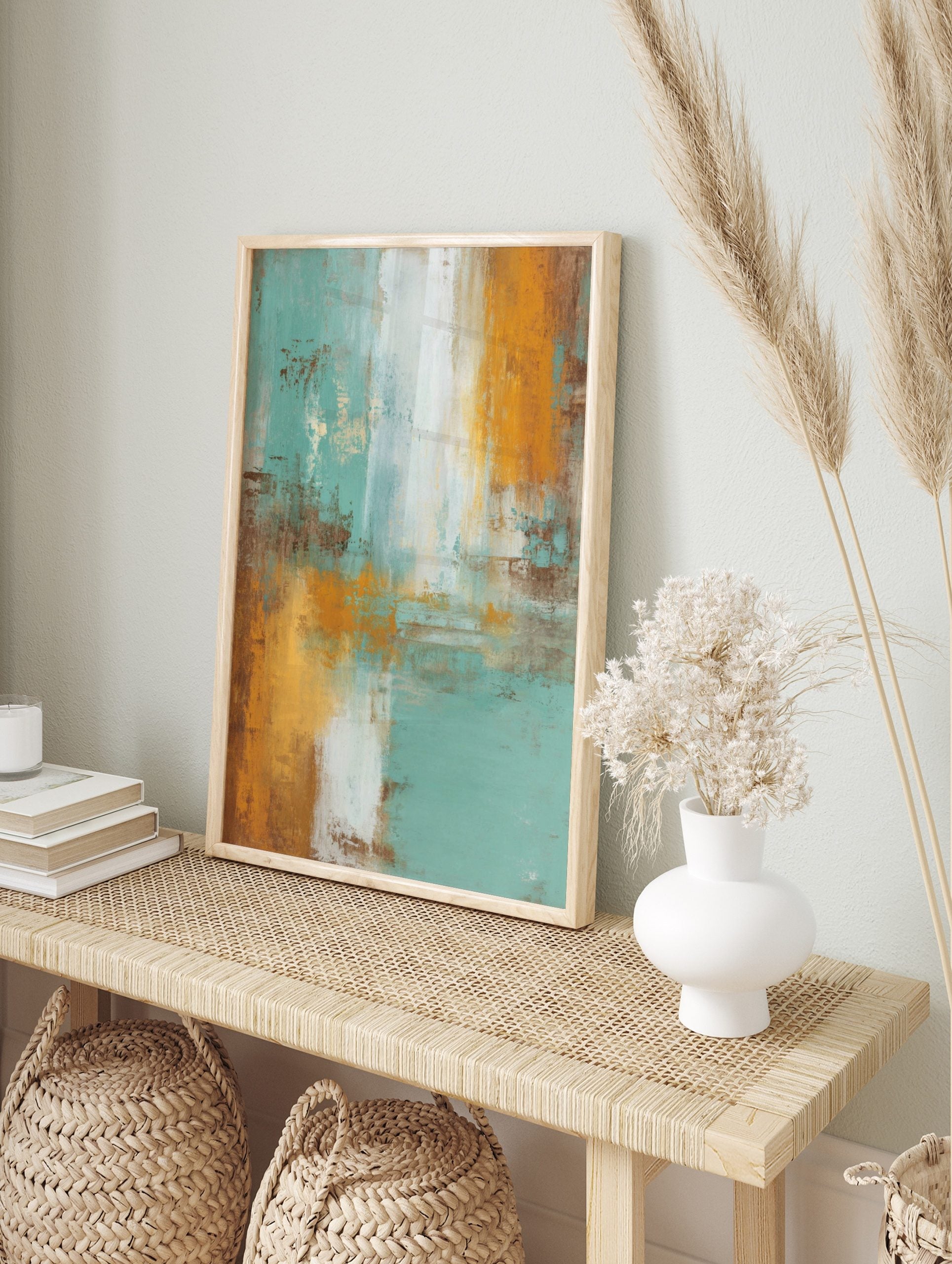 Abstract wall art print with vertical and horizontal teal, orange, brown, and white, in an alternate framed mockup