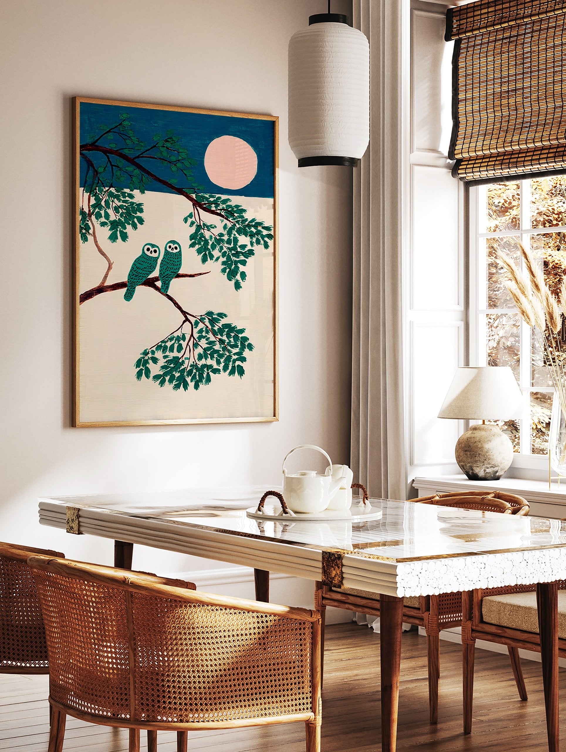 Teal owl wall art featuring two stylized owls on a tree branch under a pink full moon against a dark blue sky. - Image 2