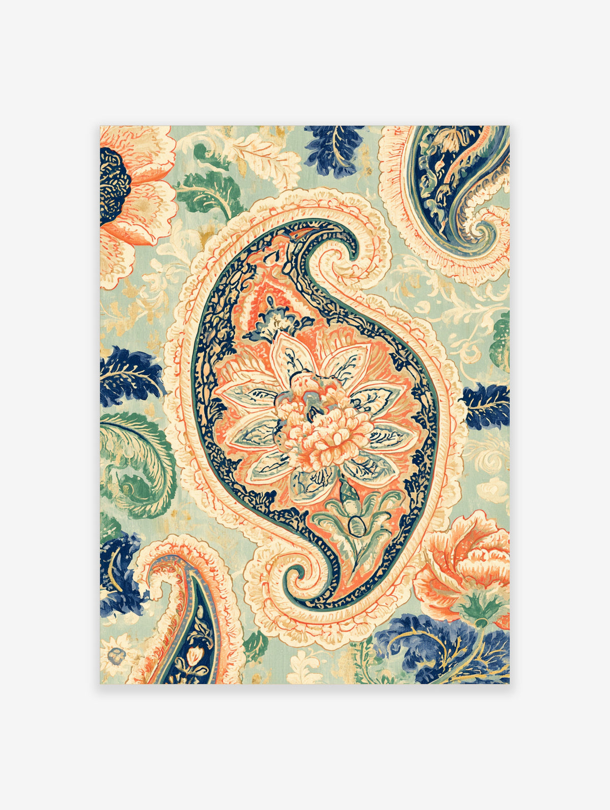 Teal paisley wall art print with ornate floral motif and navy scrollwork on green ground