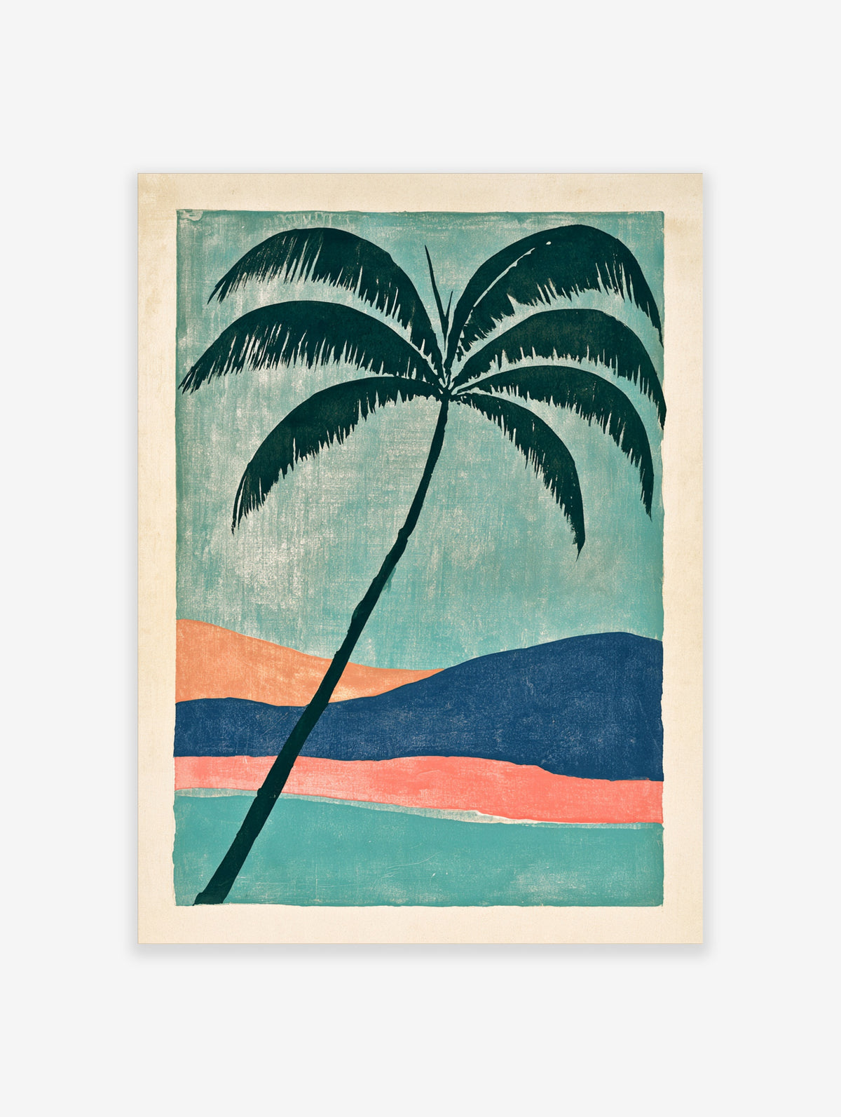 Teal palm tree poster with dark fronds and layered peach, navy, and coral hills above a turquoise shore