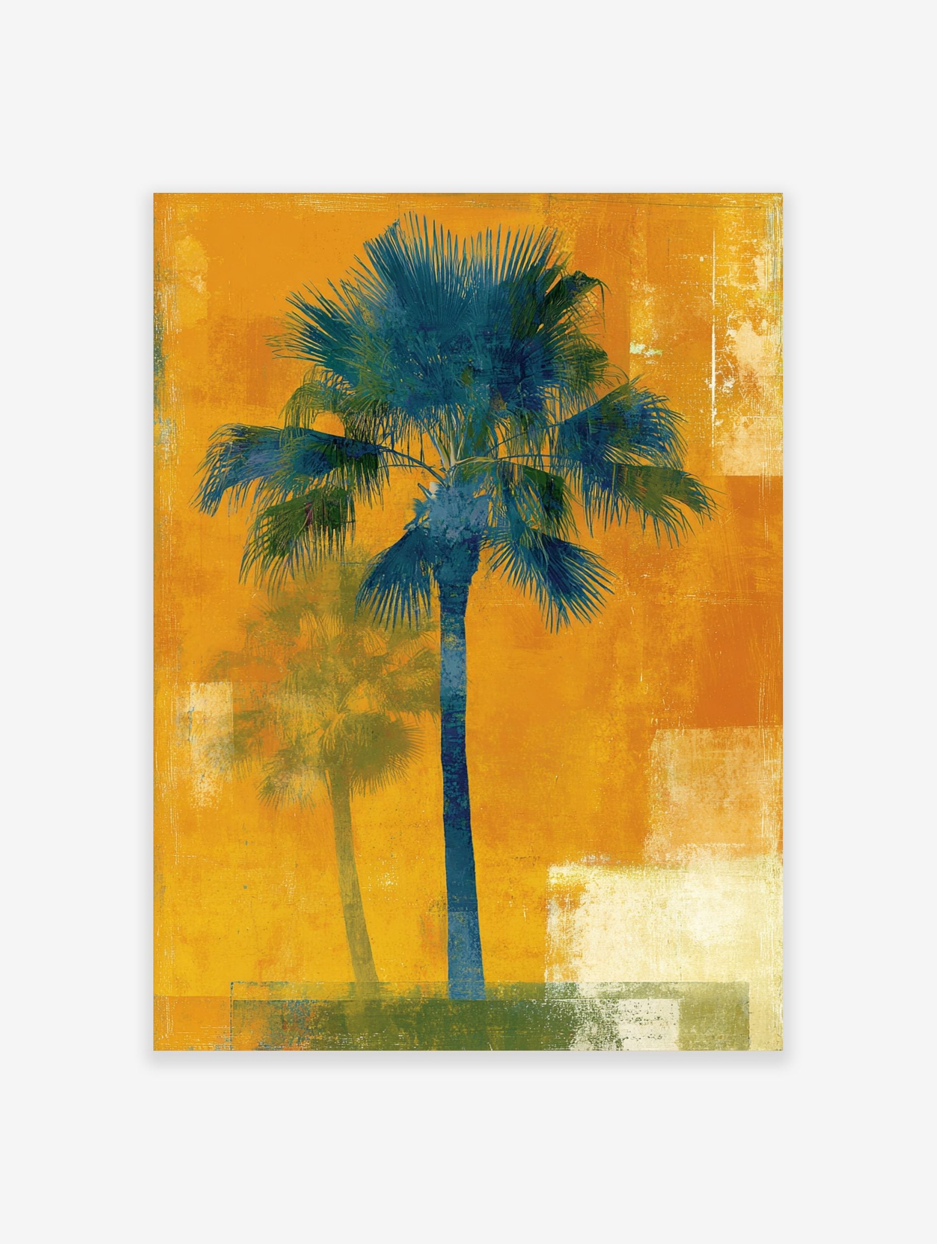 Teal palm tree art print on a textured orange background with a faded shadow palm