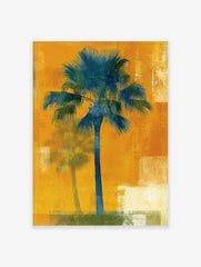 Teal palm tree art print on a textured orange background with a faded shadow palm