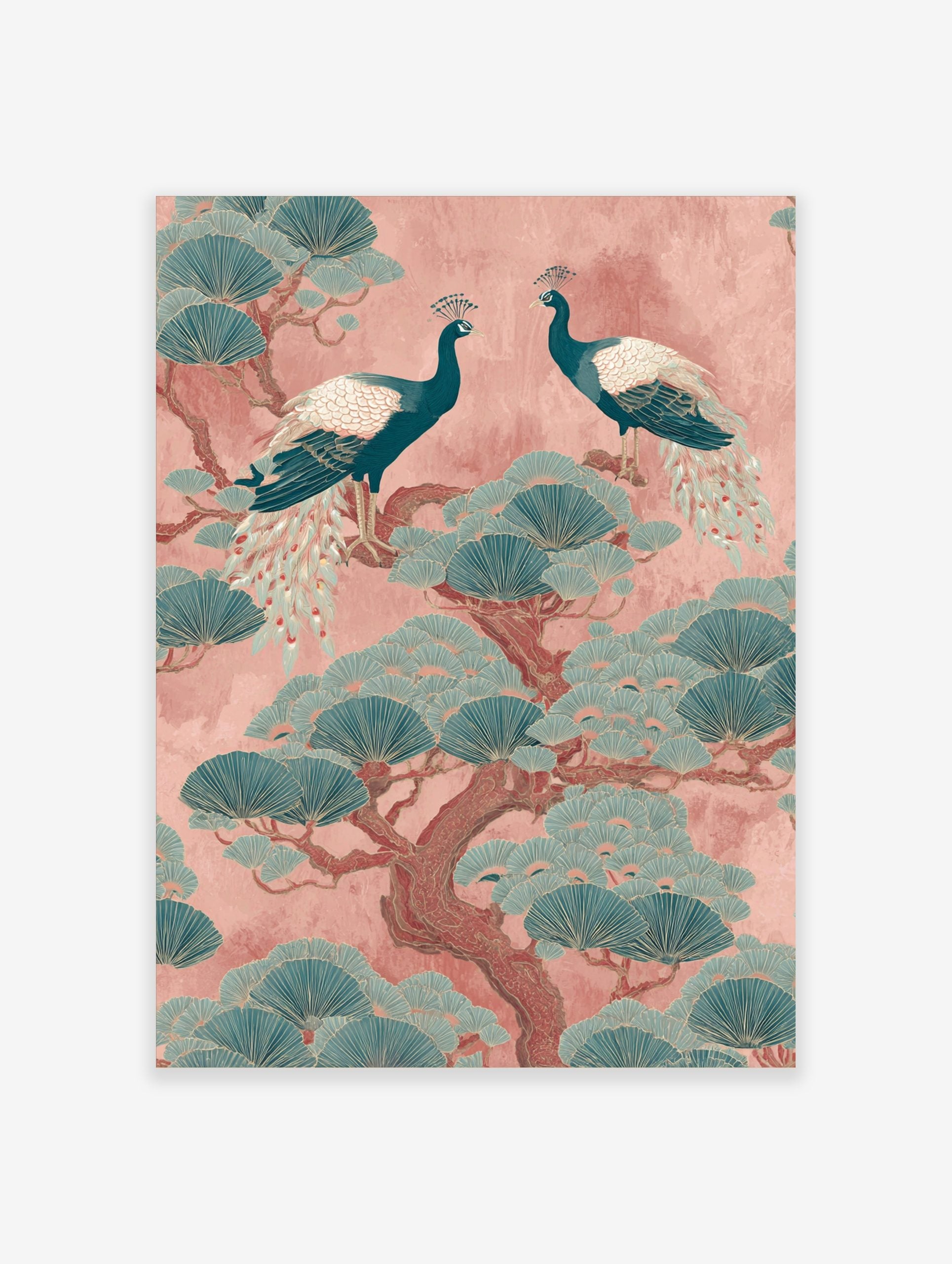 Two teal peacocks on a pine tree with fan-like leaves against a pink background, oriental illustrative style