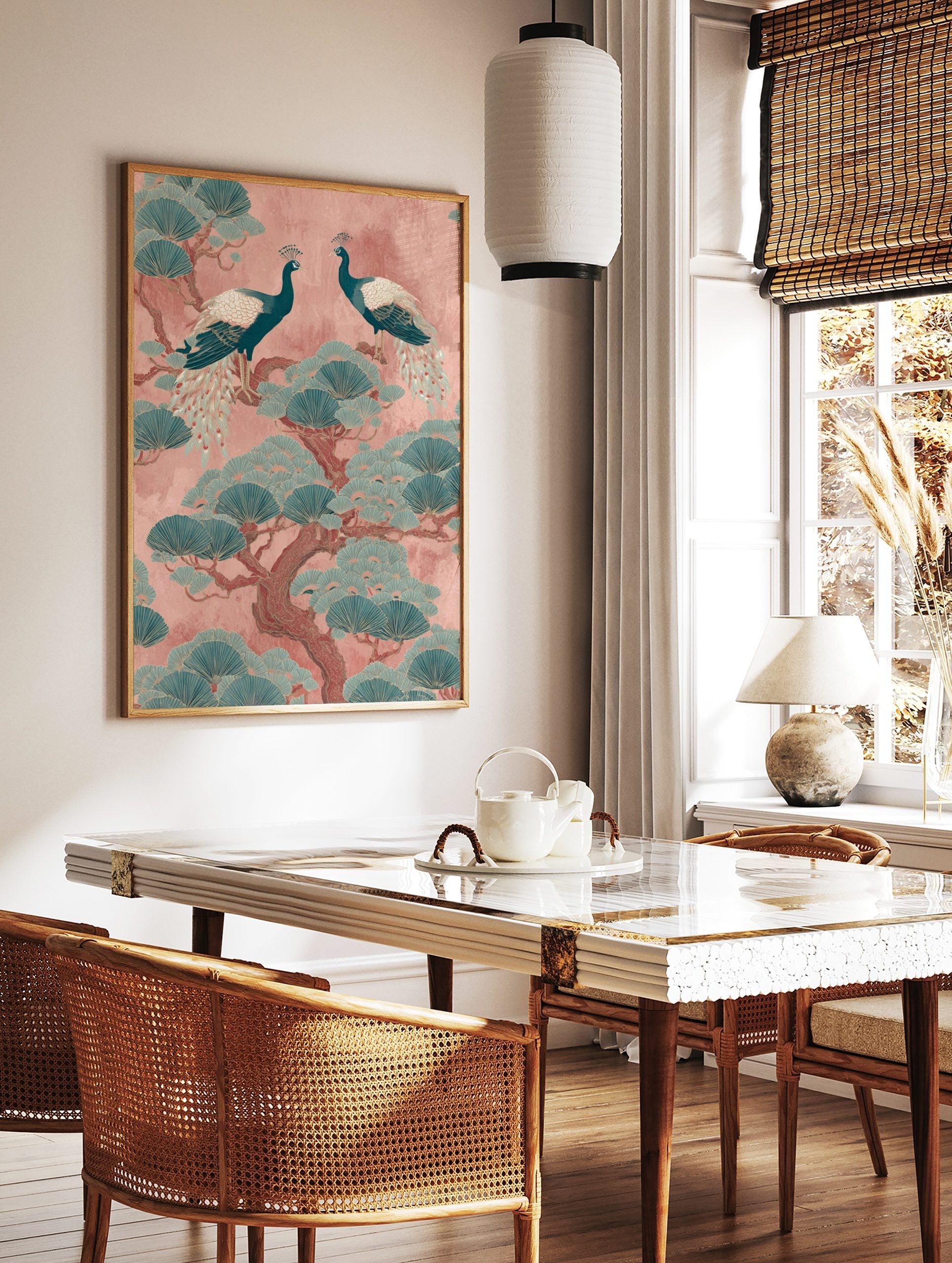 Two teal peacocks on a pine tree with fan-like leaves against a pink background, oriental, in a styled room mockup