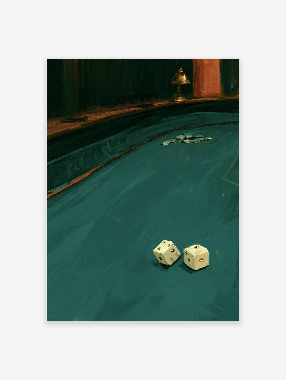 Teal pool table poster with two white dice on green baize and a dimly lit lamp in the background