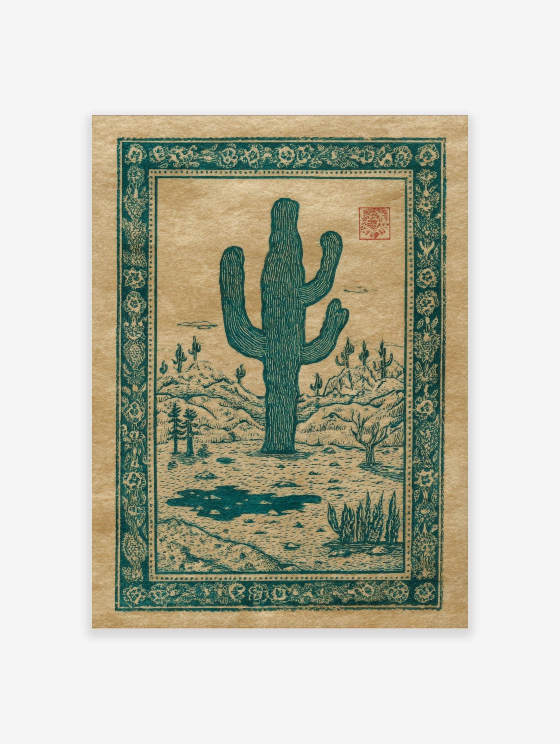 Teal Saguaro cactus illustration in a desert landscape with hills and ornate border on tan paper