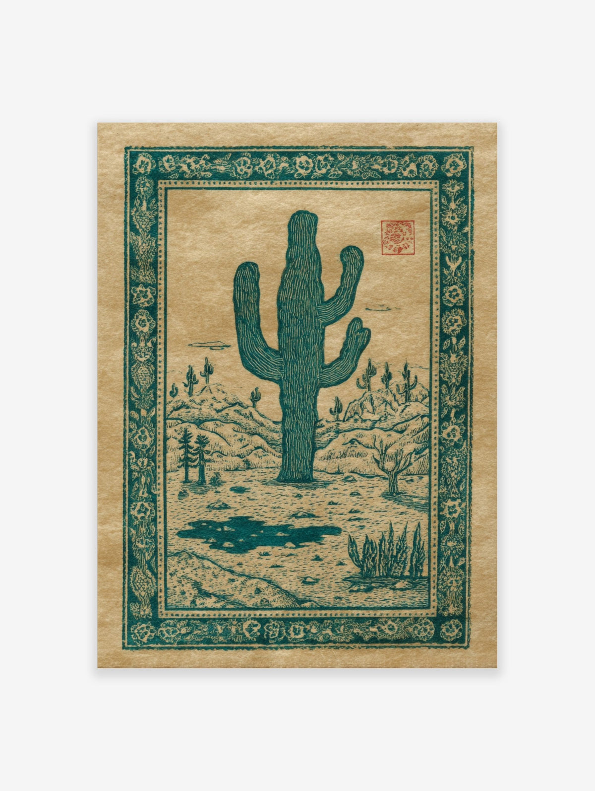 Teal Saguaro cactus illustration in a desert landscape with hills and ornate border on tan paper
