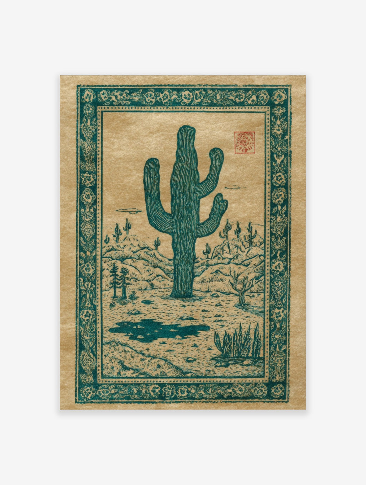 Teal saguaro cactus illustration in a desert landscape with hills and an ornate border, on tan paper