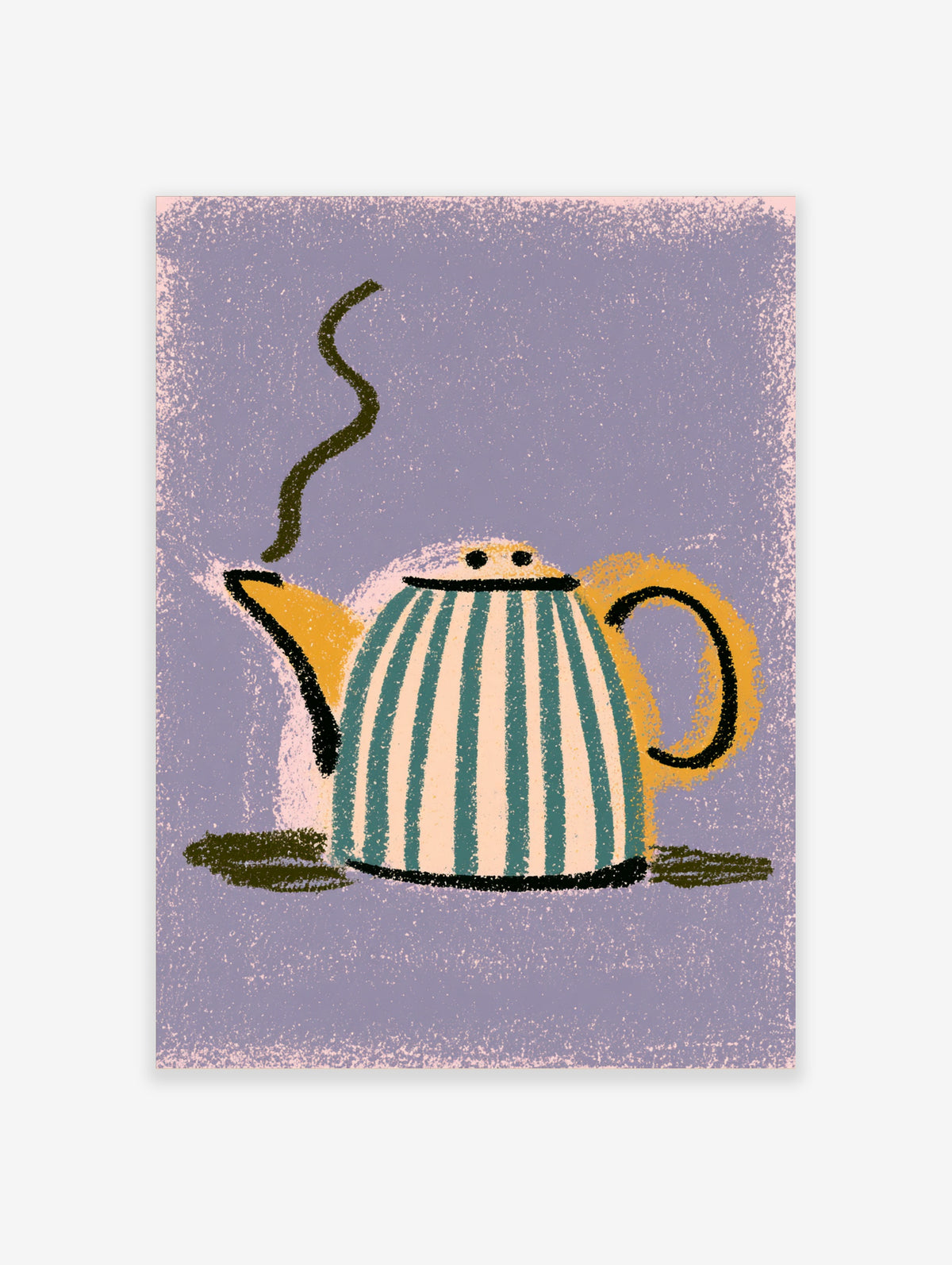 Teal striped teapot illustration with yellow handle and steam on purple background