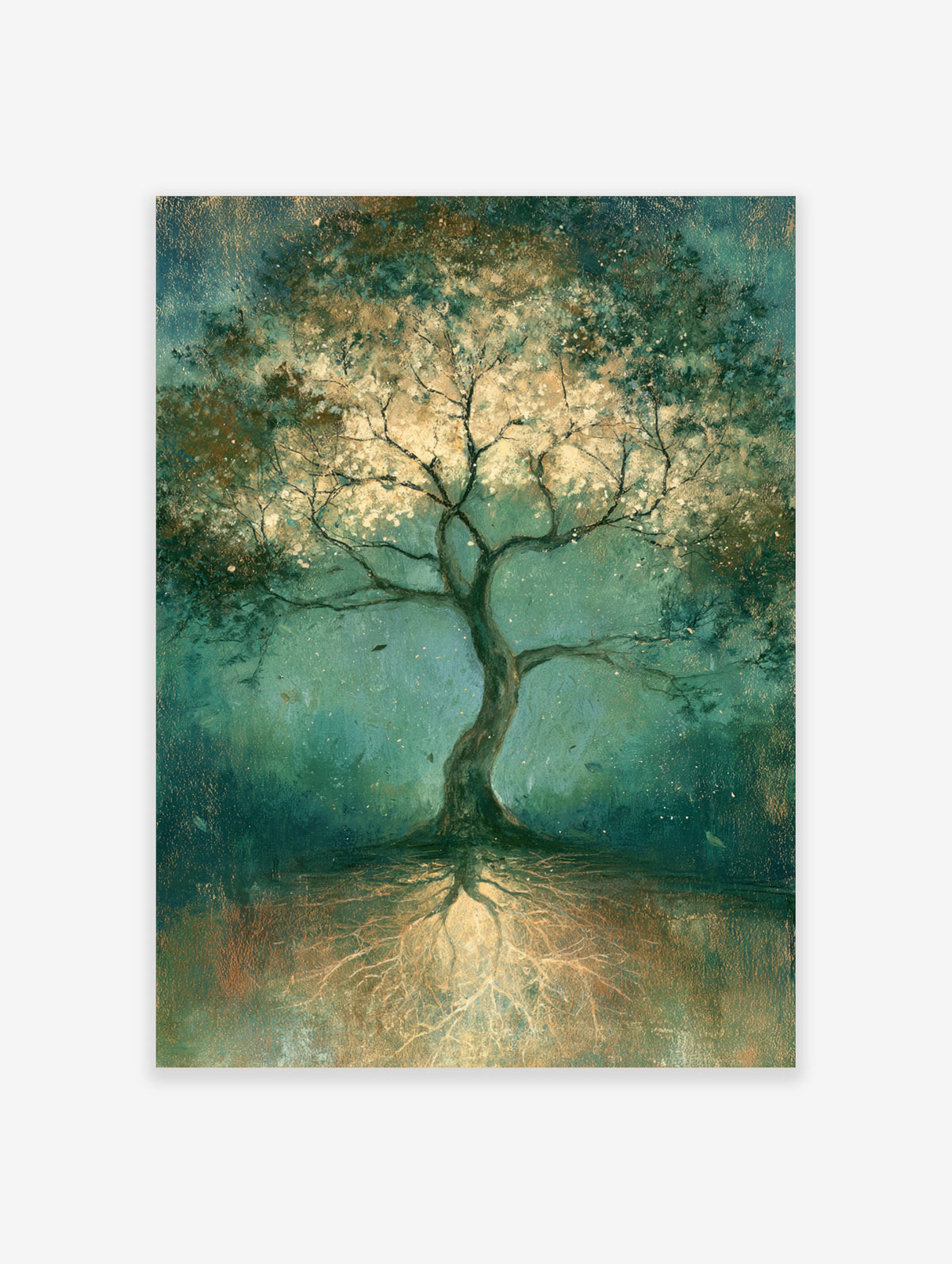 Teal tree of life art print with glowing canopy and mirrored roots on textured background