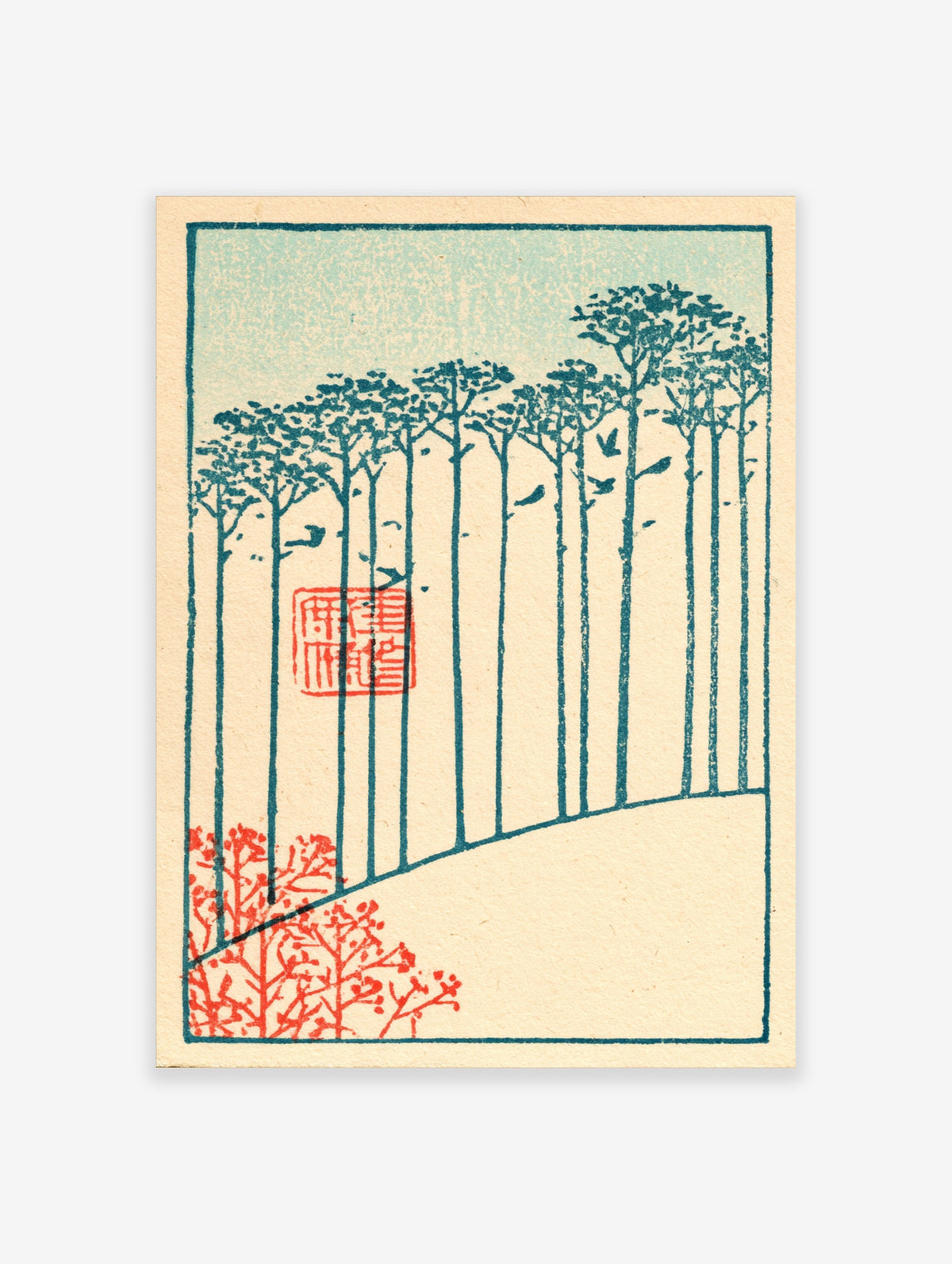 Teal tree silhouette art print with red birds and red seal stamp on cream background