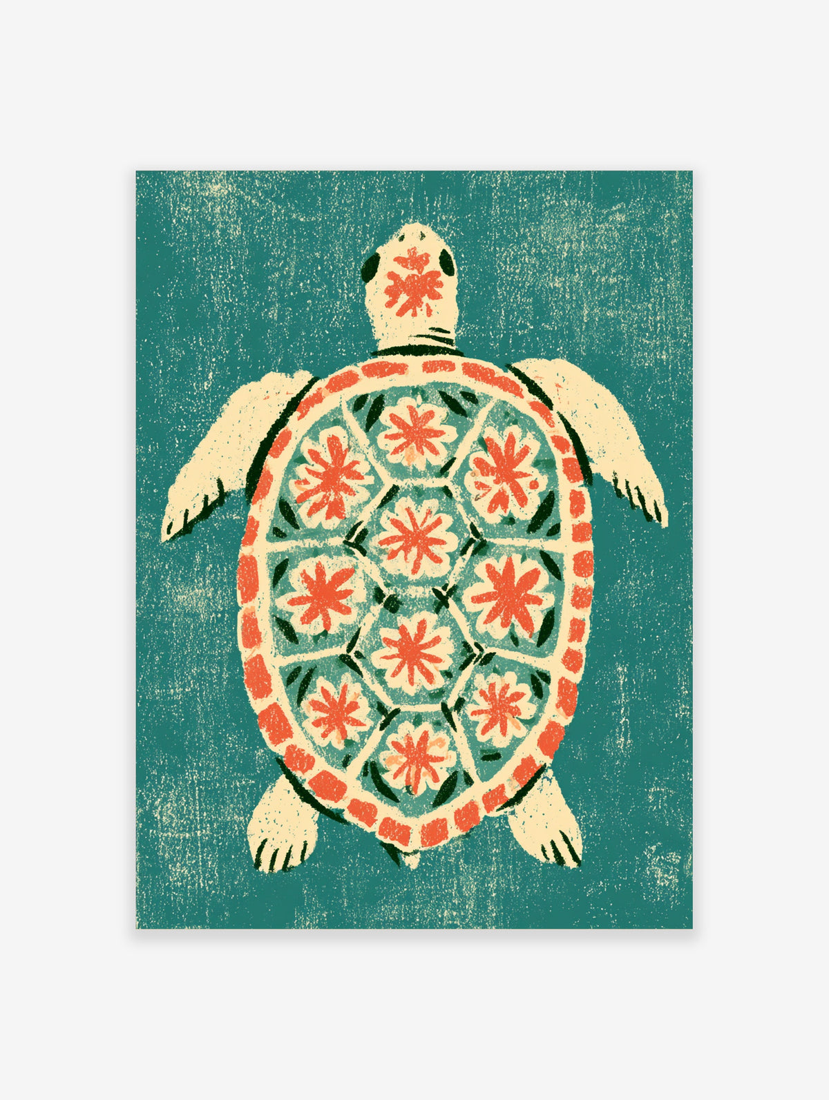 Teal turtle art print with cream shell and coral red floral patterns on a textured background