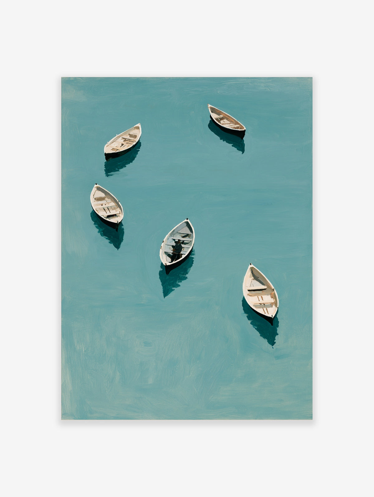 Six white rowing boats on teal water with dark reflections, overhead minimalist coastal print