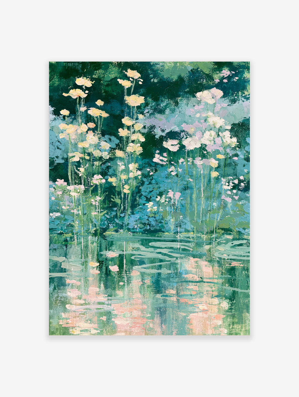 Teal water lily pond poster with pastel yellow and pink flowers and rippled reflections
