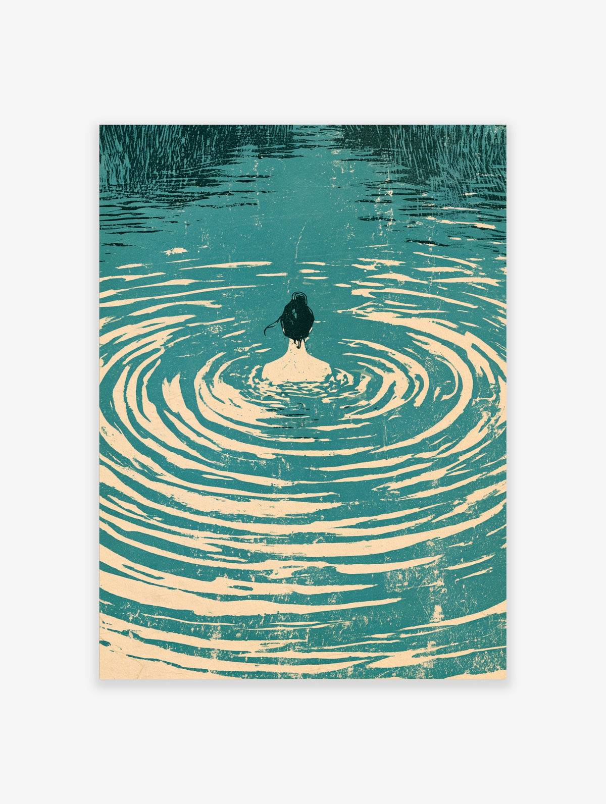 Teal water ripple art print with dark bird centred in cream concentric circles
