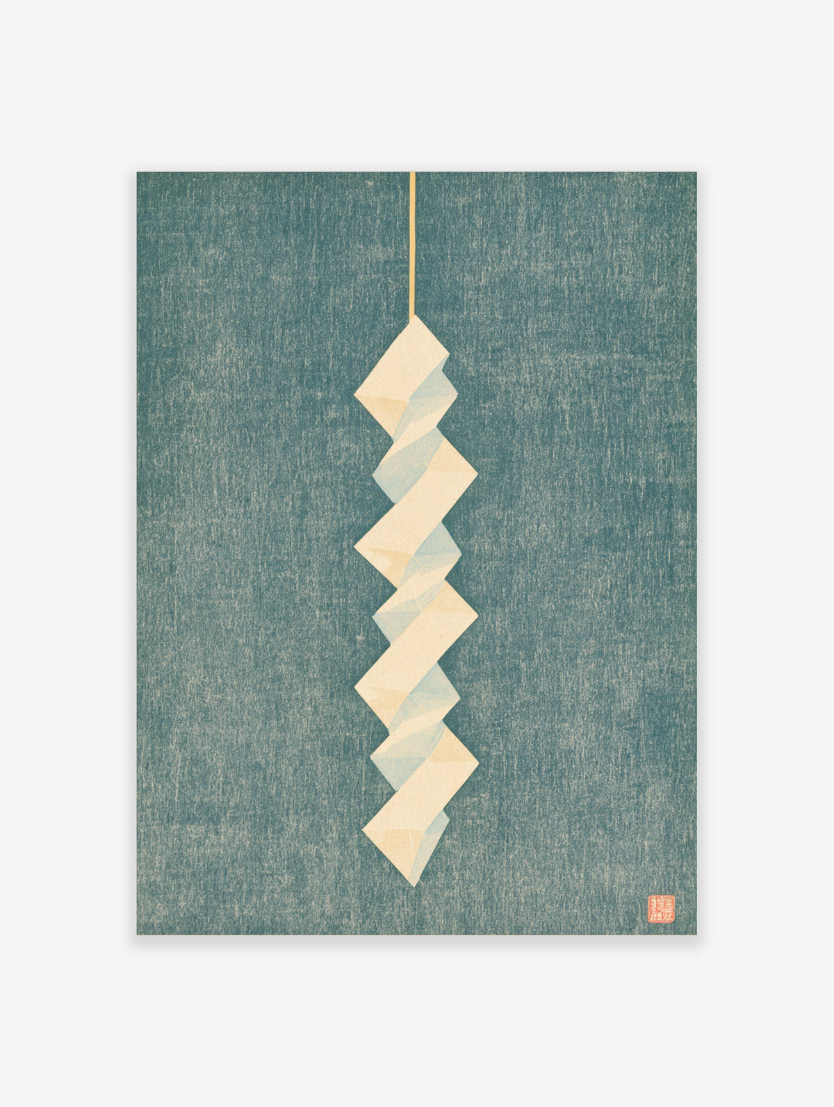 Teal zigzag paper print with cream folded form on textured green background, minimalist geometric wall art