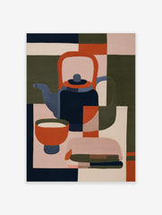 Minimalist geometric illustration of a teapot and bowl in navy, orange, and olive green on a neutral background