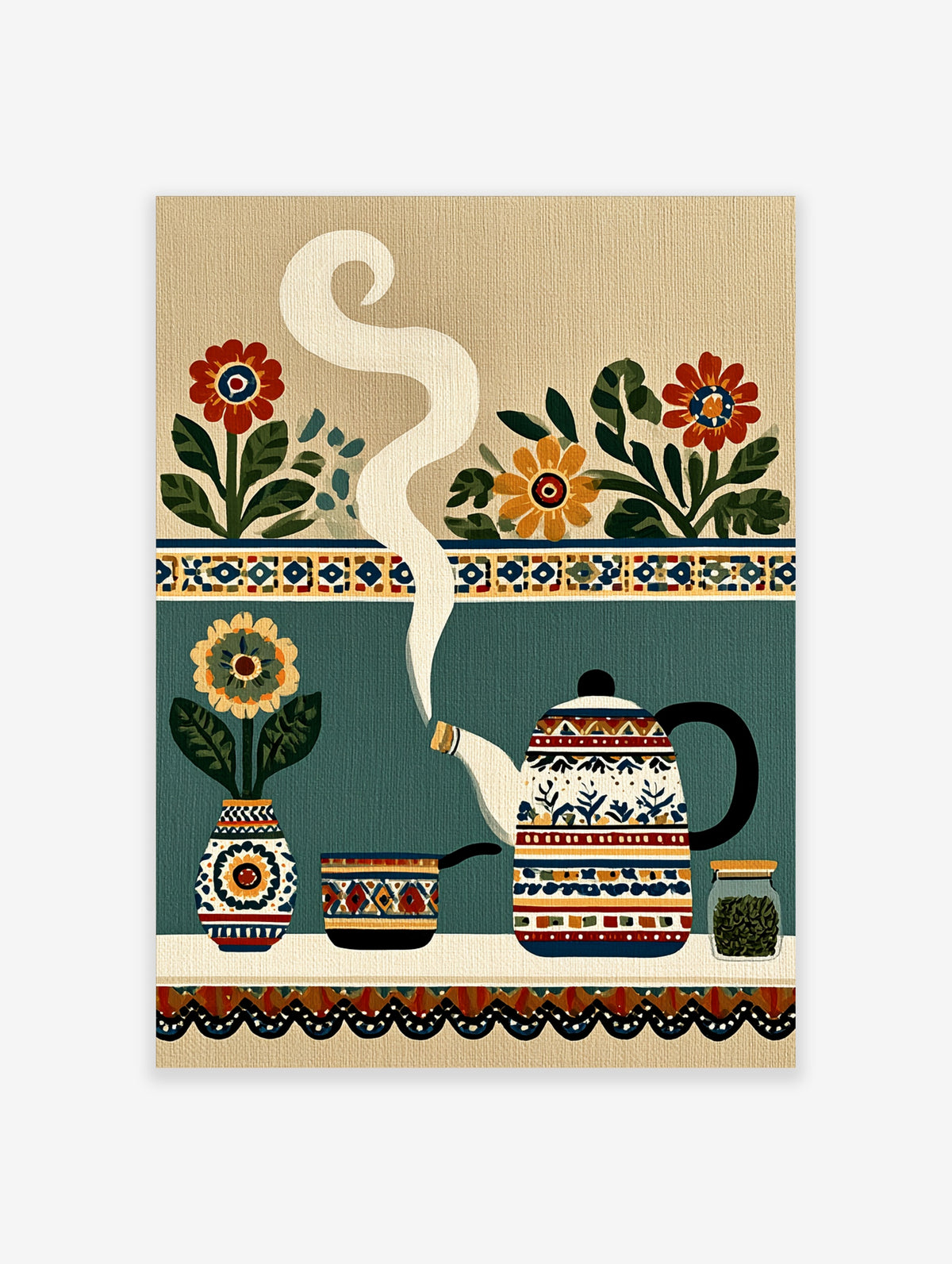 Folk art teapot and flower wall art print with steaming spout, patterned vase, and geometric border on teal background