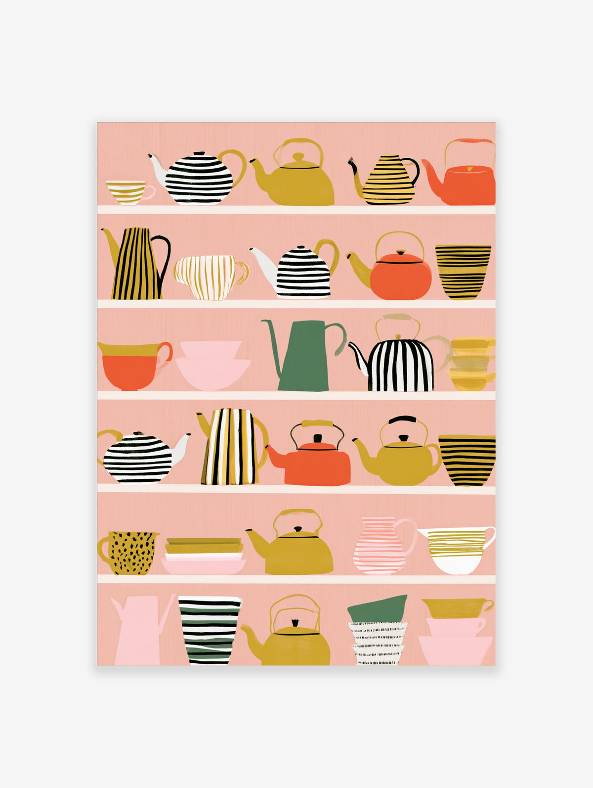 Colourful teapot and teacup illustration on pink shelves with striped and solid kitchenware