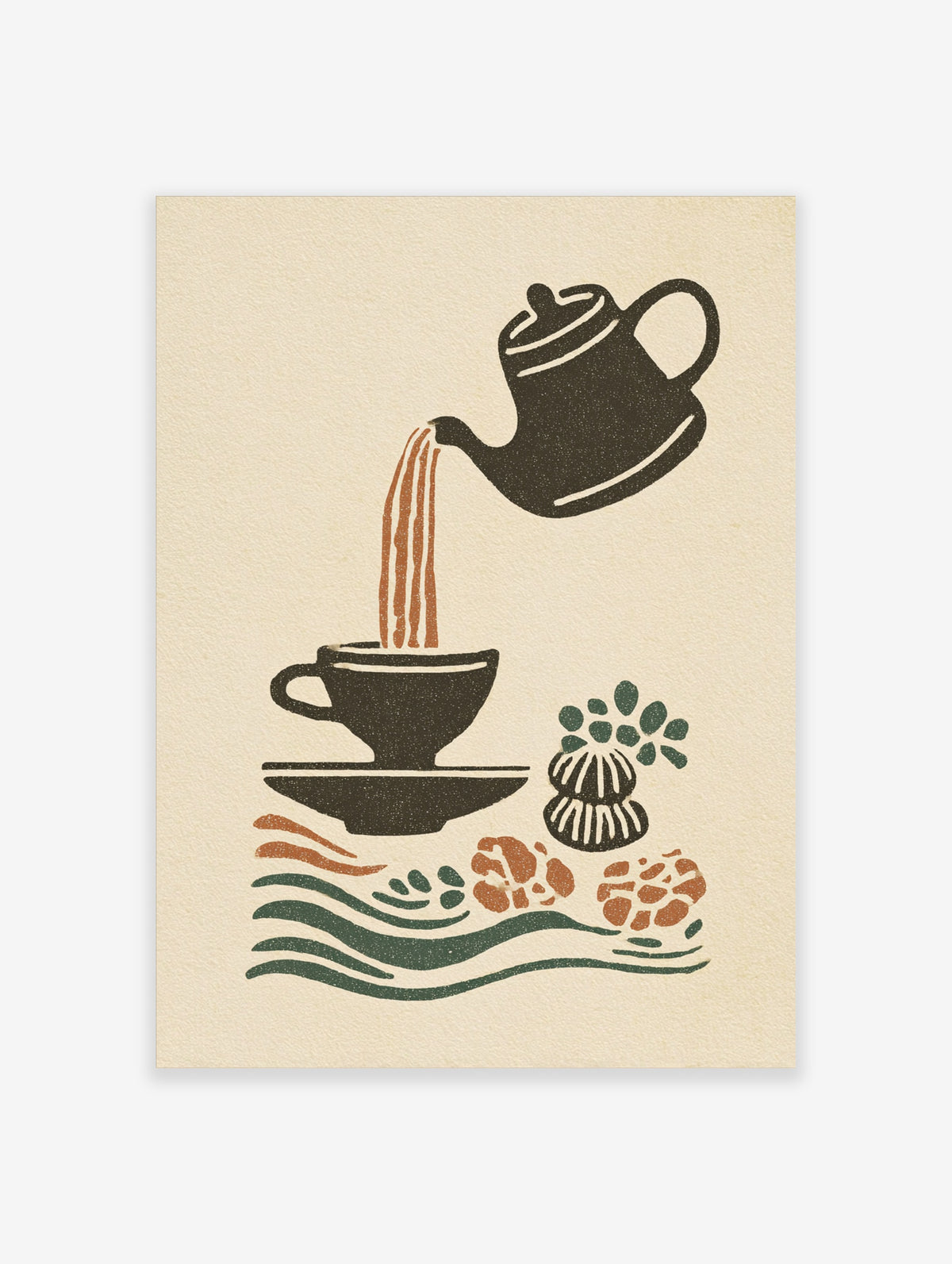 Retro teapot pouring coffee into cup with plant motifs and wavy lines, earthy tones on beige background