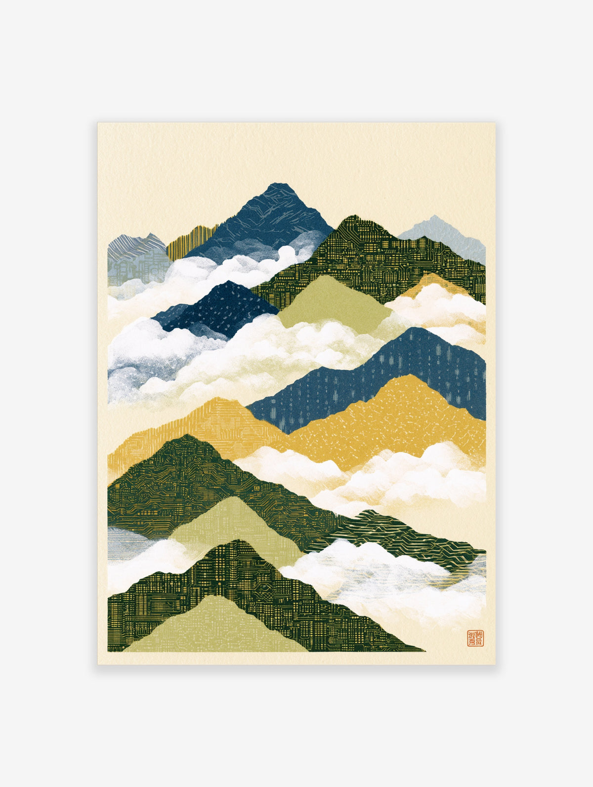 Illustrative mountain landscape with circuit board patterns in blue, green, and yellow, on a cream background