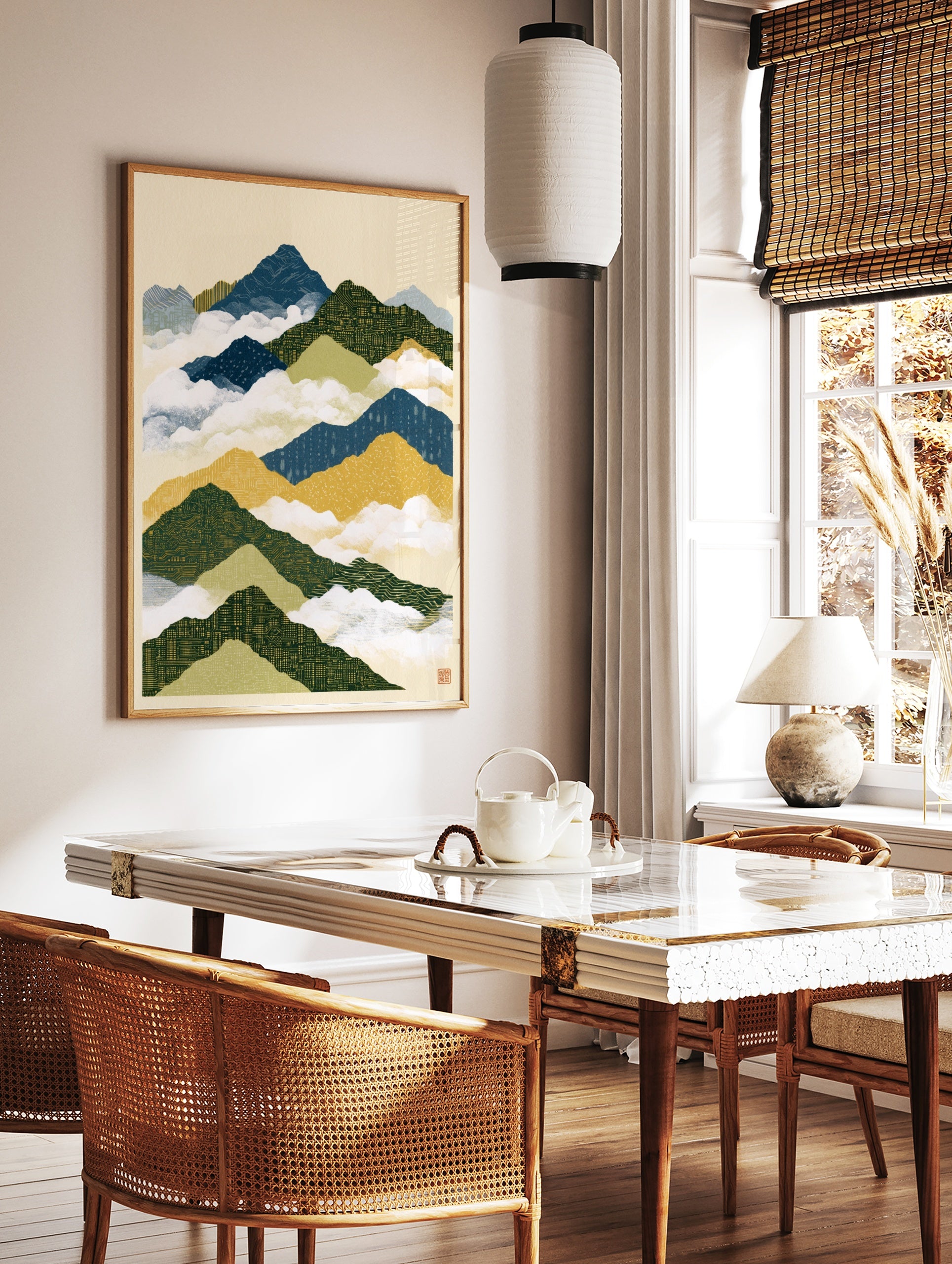 Illustrative mountain landscape with circuit board patterns in blue, green, and yellow, on a cream, in a styled room mockup