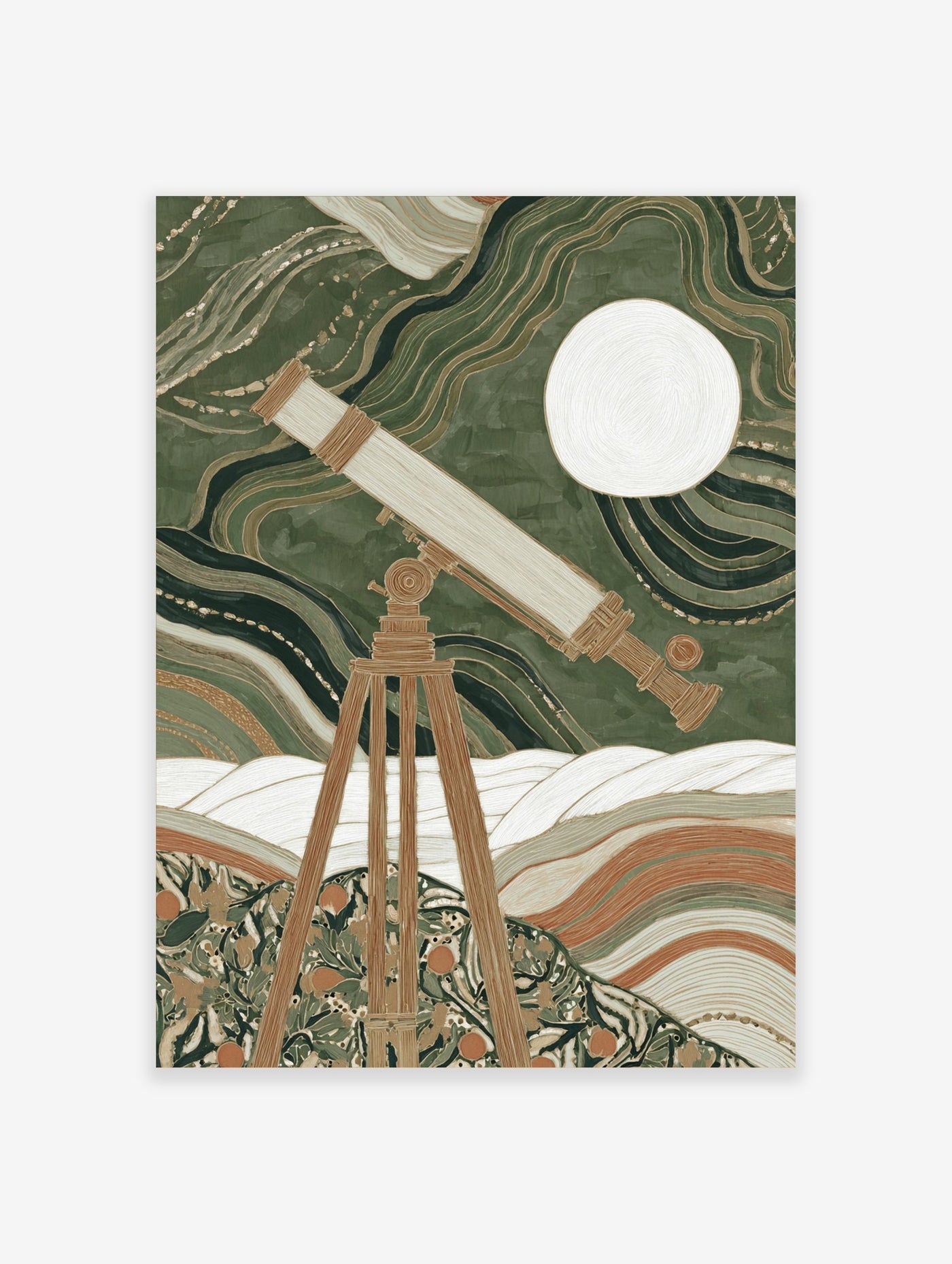 Vintage telescope on tripod observing a white moon against swirling green and gold patterns and earthy hills