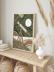 Vintage telescope on tripod observing a white moon against swirling green and gold patterns, in an alternate framed mockup