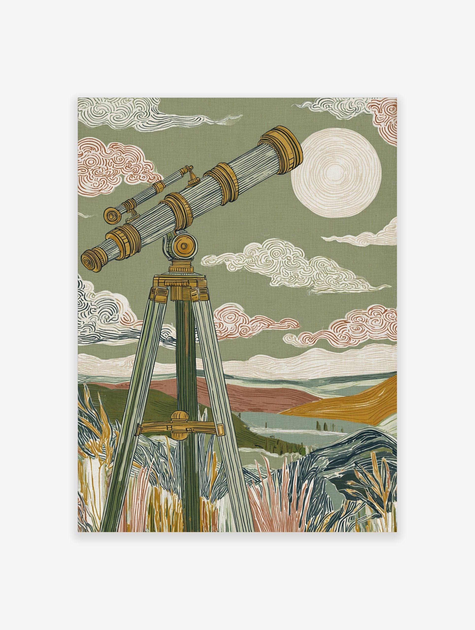 Illustrative print of a vintage telescope pointing at a large moon over a green, hilly landscape with patterned clouds
