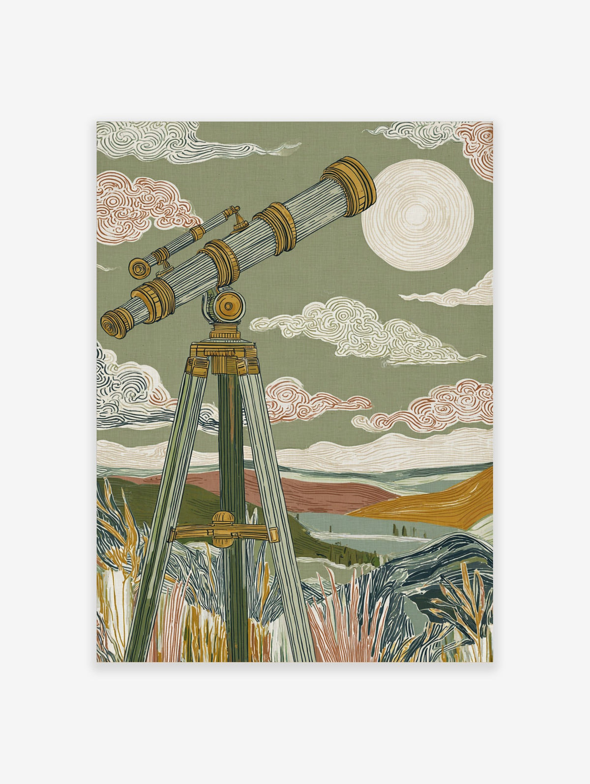 Illustrative print of a vintage telescope pointing at a large moon over a green, hilly landscape with patterned clouds