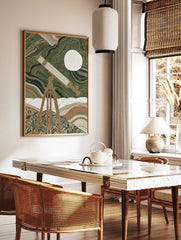 Stylised telescope aiming at moon, green wavy landscape with orange fruits, illustrative art print, in a styled room mockup