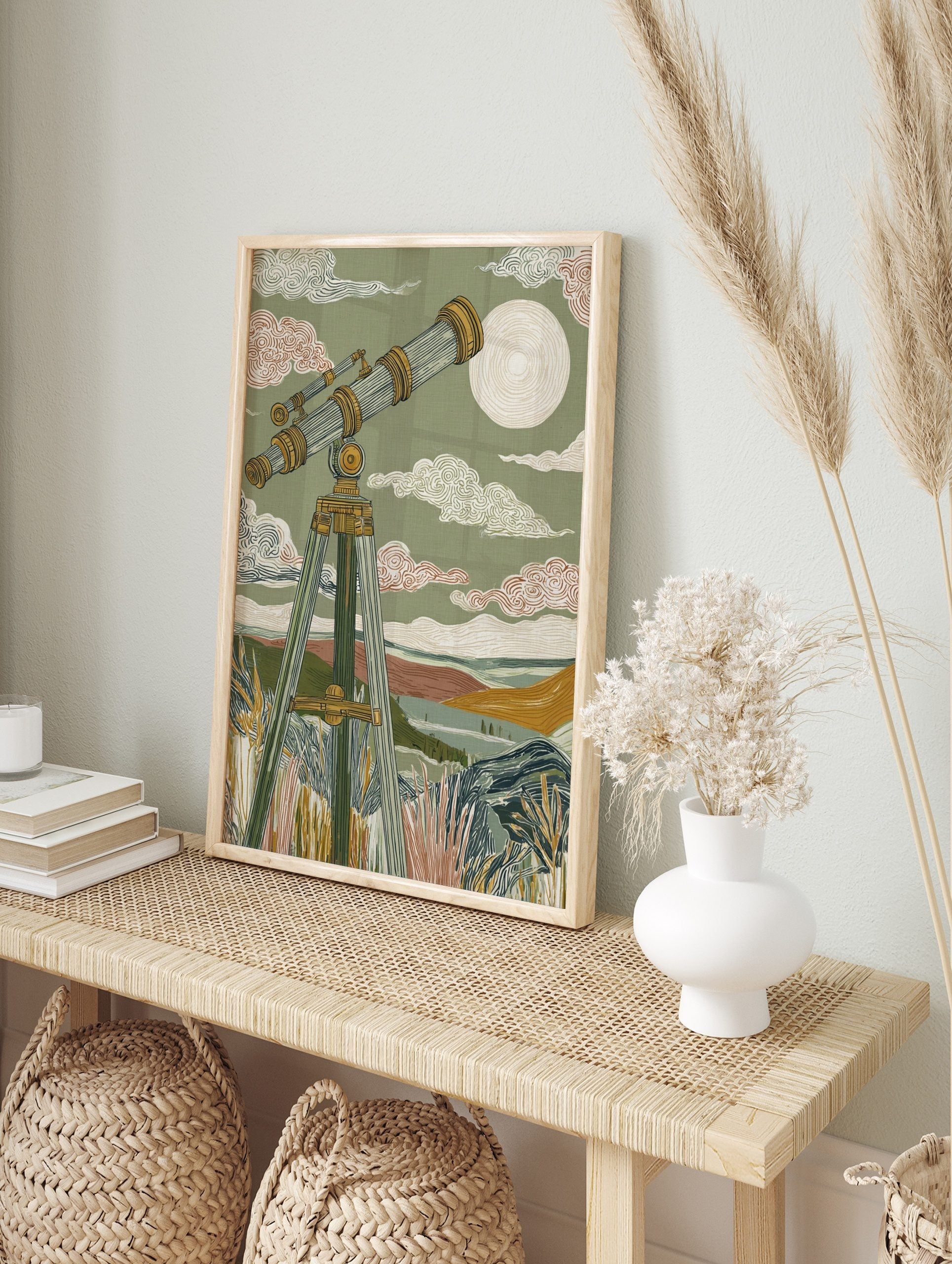 Illustrative wall art of a vintage telescope on a tripod, pointed at a celestial body in a, in an alternate framed mockup