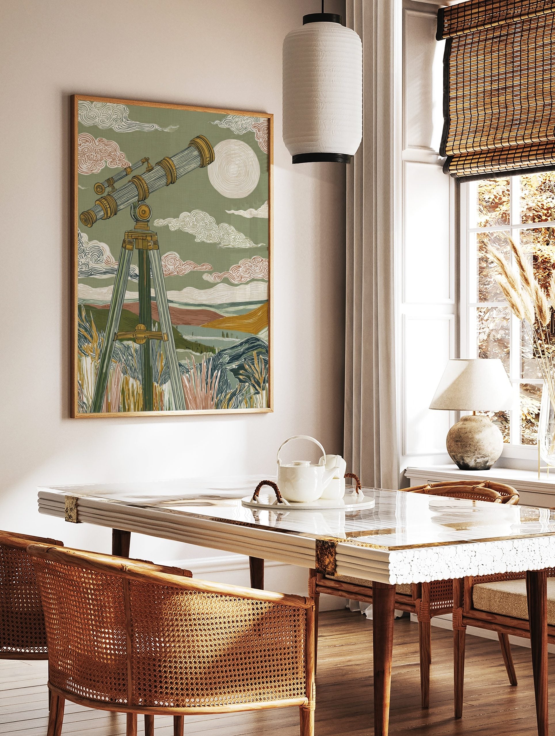 Illustrative wall art of a vintage telescope on a tripod, pointed at a celestial body in a sage, in a styled room mockup