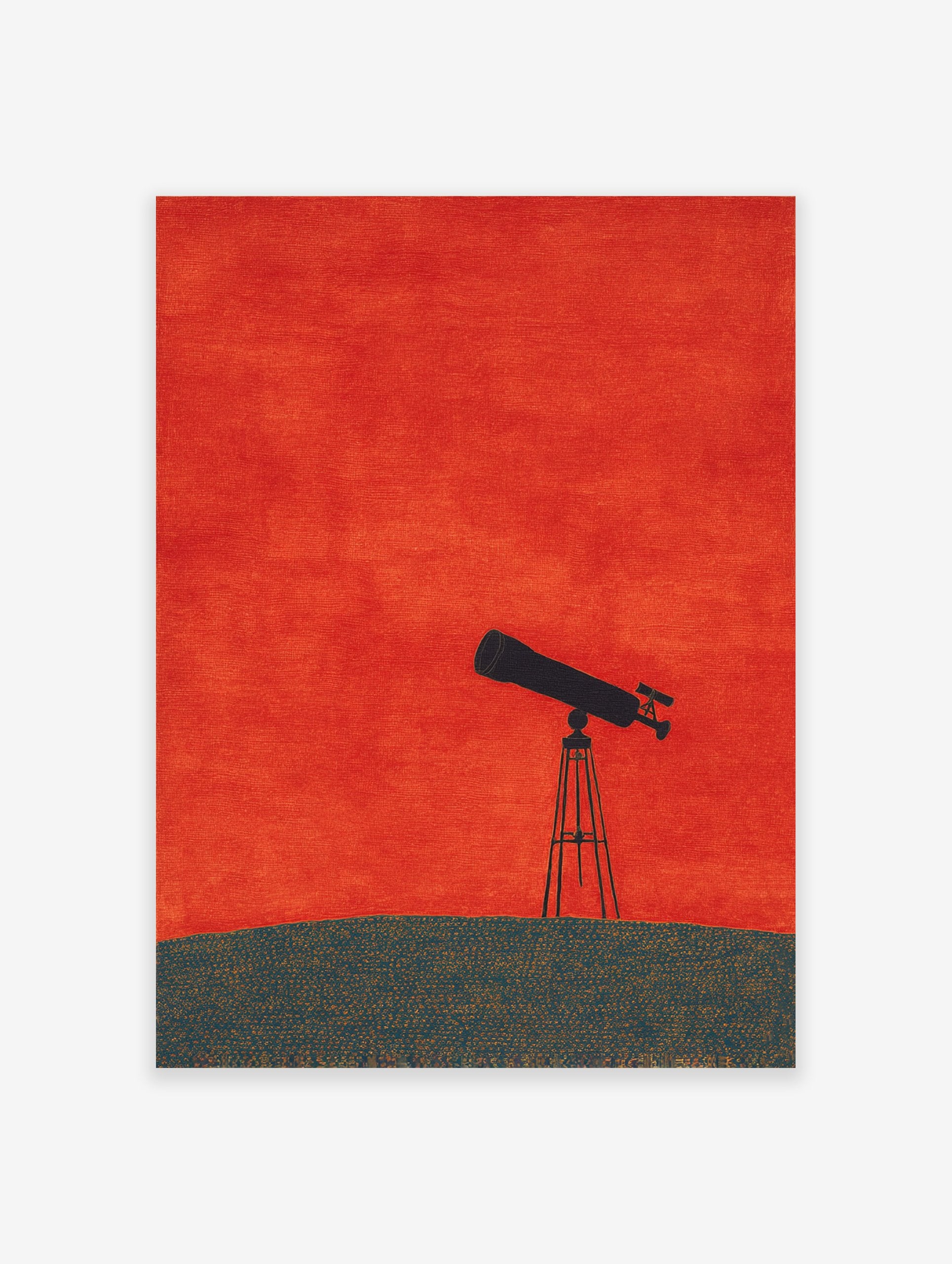 Minimalist art print showing a black telescope on dark ground under a vibrant textured red sky.