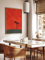 Minimalist art print showing a black telescope on dark ground under a vibrant textured red sky. - Image 2