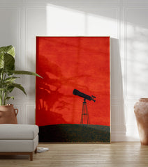 Minimalist art print showing a black telescope on dark ground under a vibrant textured red sky. - Image 3