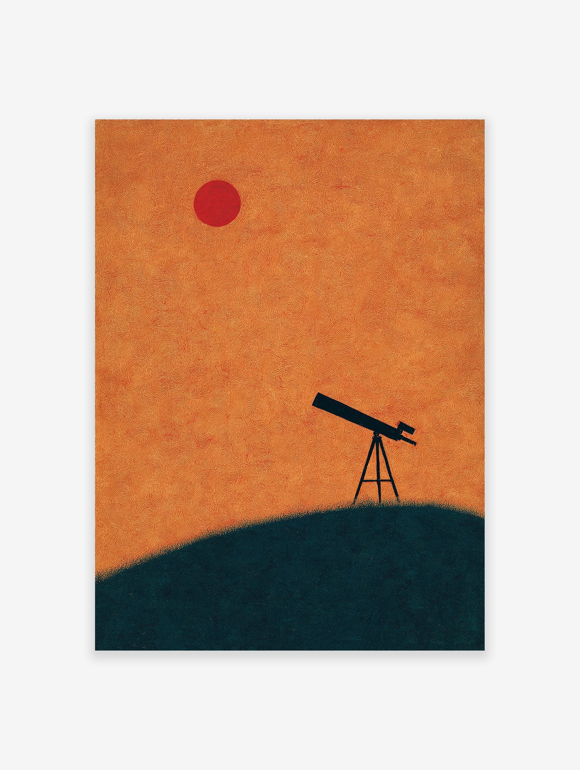 Minimalist telescope wall art on a dark green hill against an orange and red sky with a red sun/moon.