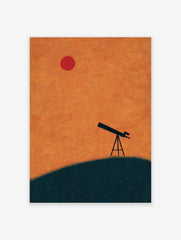 Minimalist telescope wall art on a dark green hill against an orange and red sky with a red sun/moon.