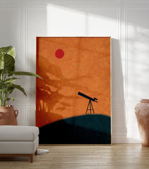 Minimalist telescope wall art on a dark green hill against an orange and red sky with a red sun/moon. - Image 3