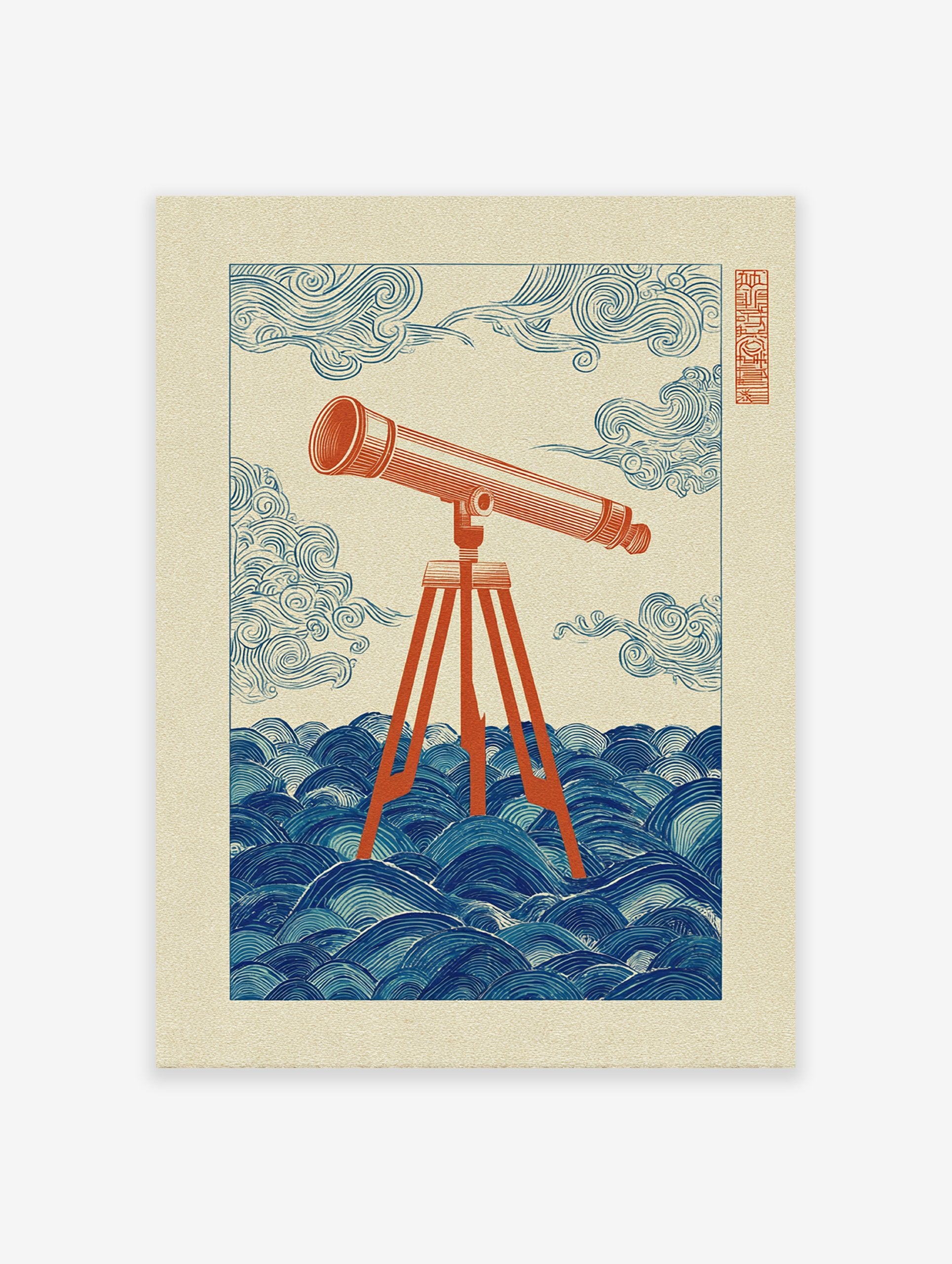 Vintage style illustration of a reddish-orange telescope on a tripod standing in deep blue wavy water with swirling clouds.