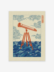 Vintage style illustration of a reddish-orange telescope on a tripod standing in deep blue wavy water with swirling clouds.