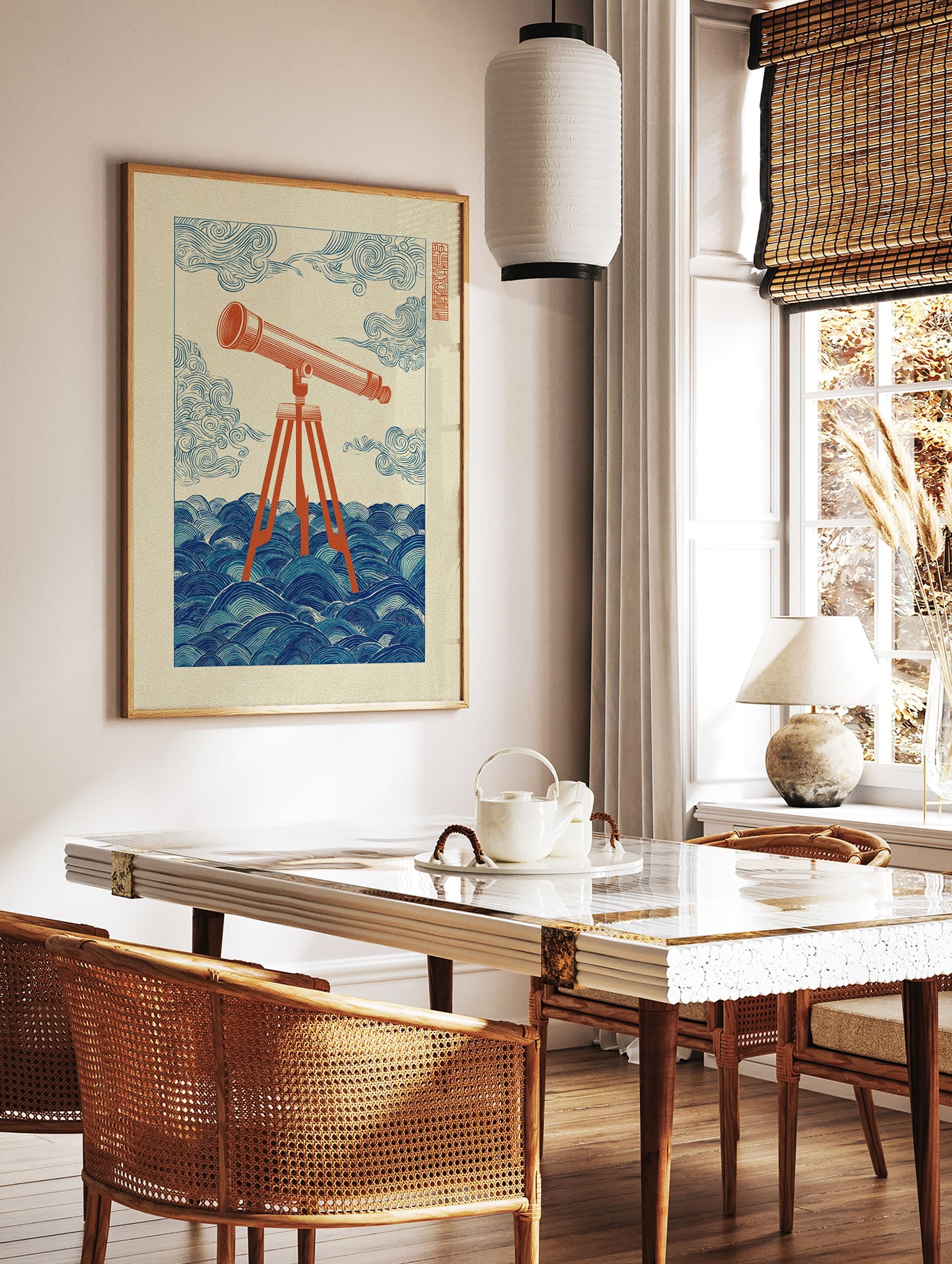 Vintage style illustration of a reddish-orange telescope on a tripod standing in deep blue wavy water with swirling clouds. - Image 2