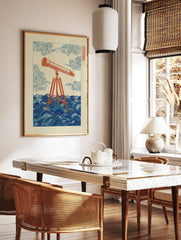 Vintage style illustration of a reddish-orange telescope on a tripod standing in deep blue wavy water with swirling clouds. - Image 2