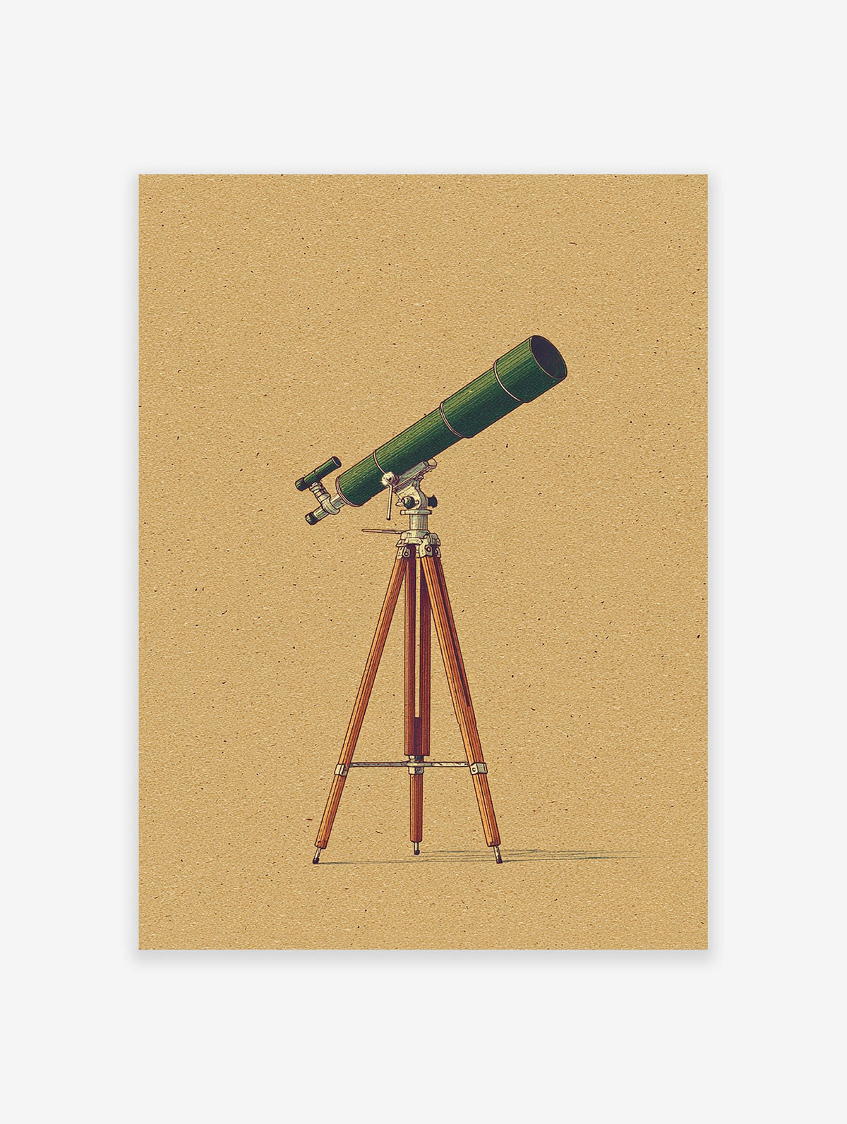 Green vintage telescope poster illustration on a wooden tripod, set against a textured brown paper background.